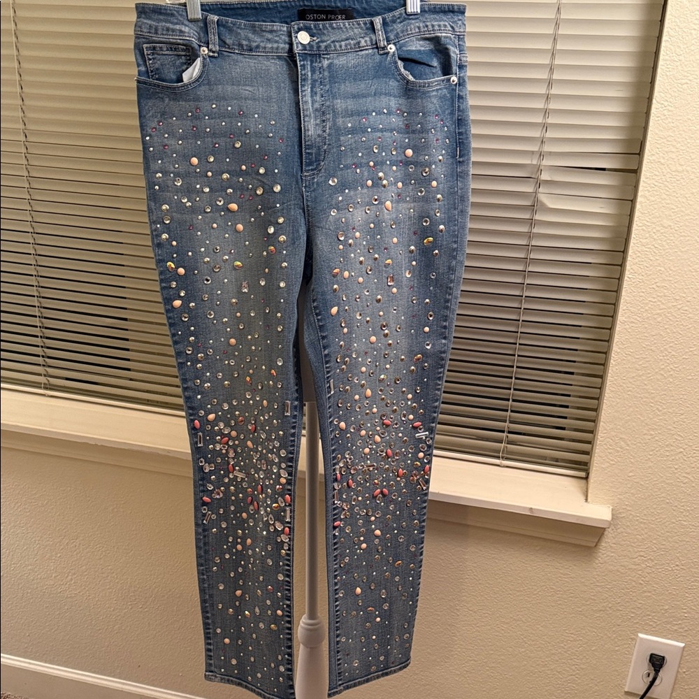 Woman's Boston Proper Blue Embellished Straight Leg Jeans